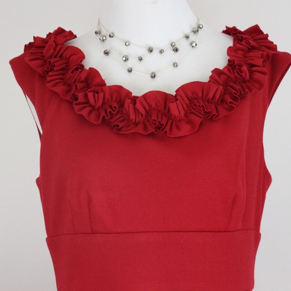 LONDON TIMES Red Ruffle Neckline Sleeveless Dress - Picture 3 of 7